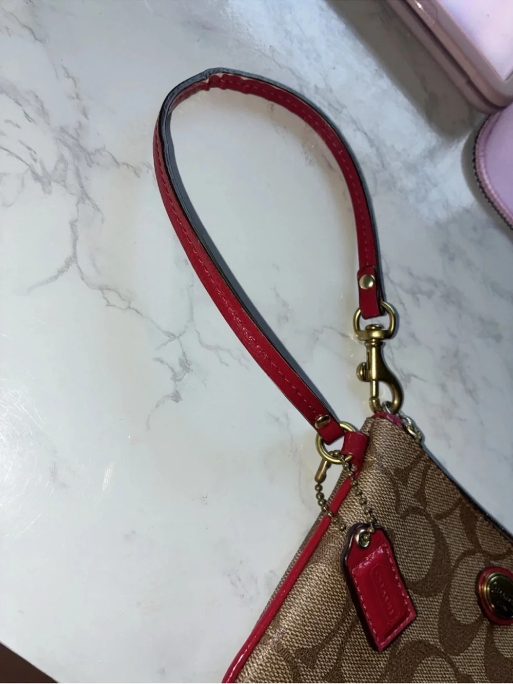 Coach Signature Canvas Wristlet in Khaki with Red Trim